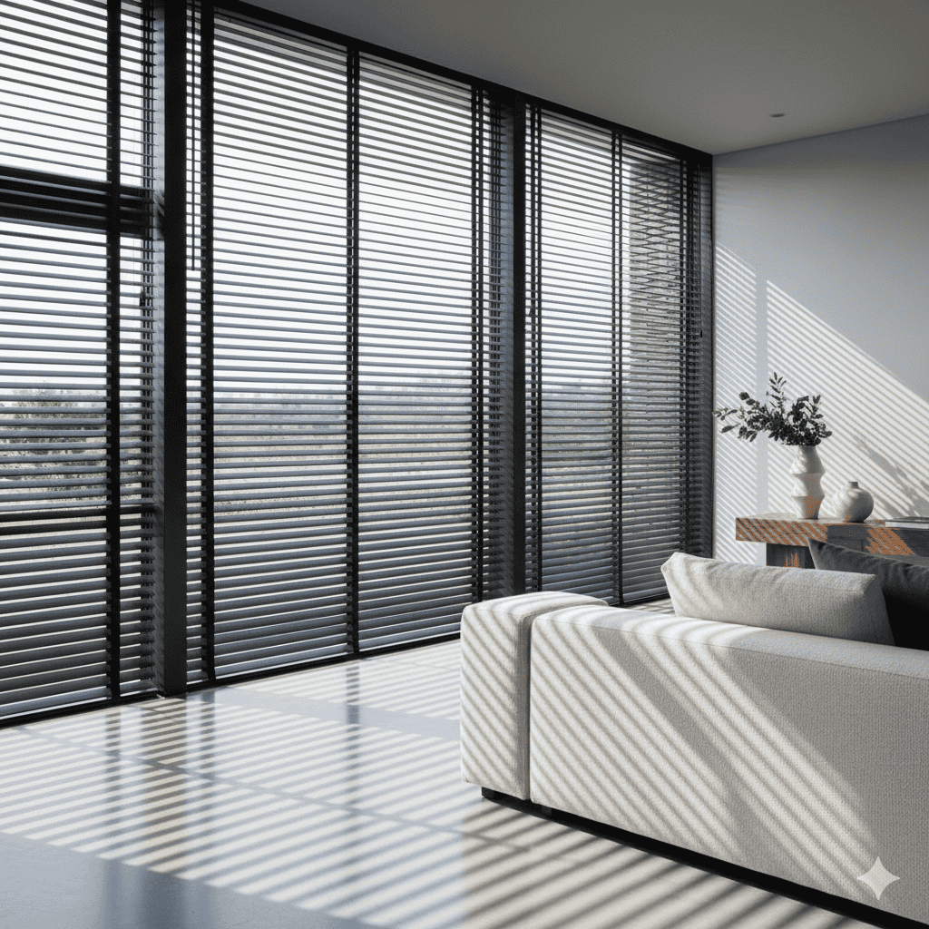 Modern blinds installed in a bright living room